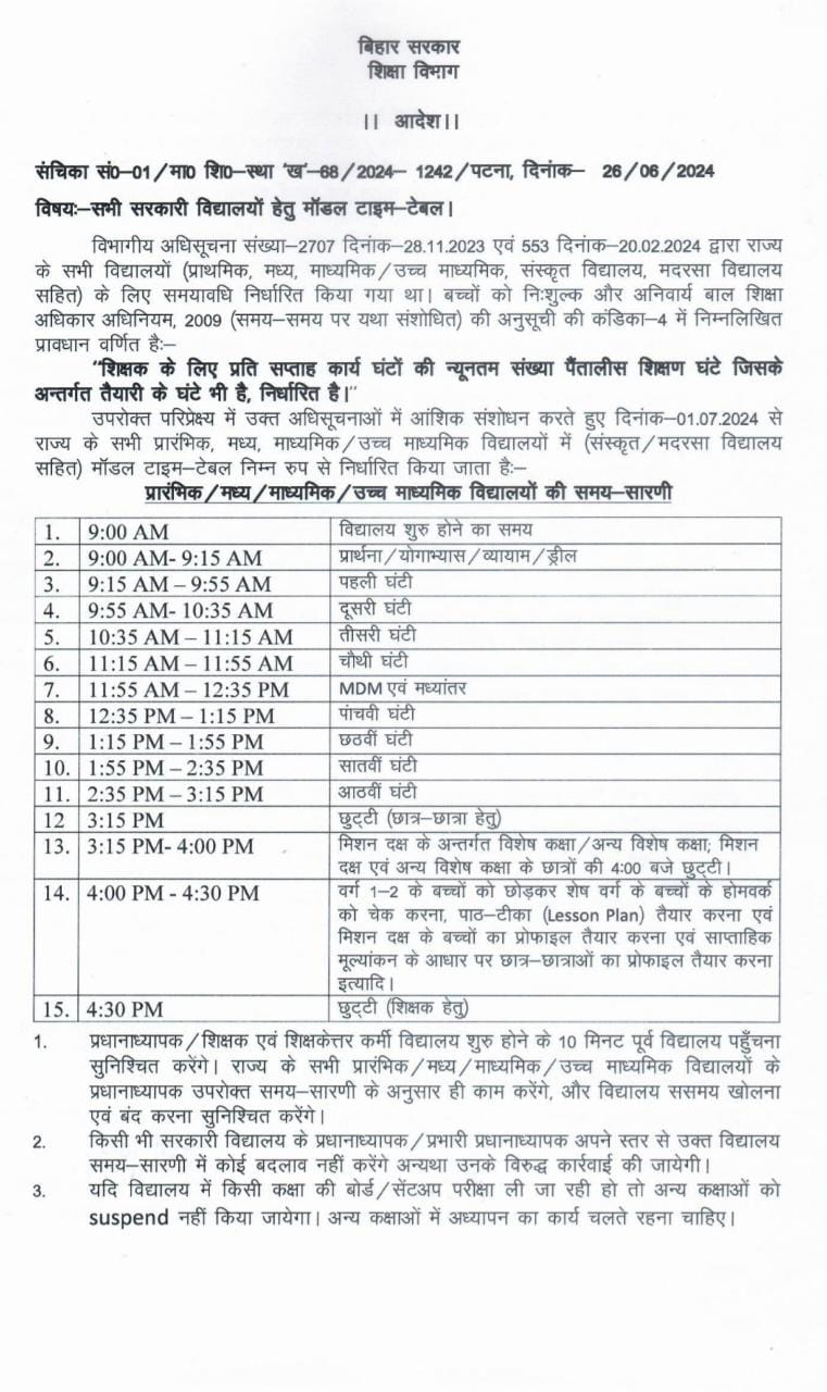 1 जुलाई से सरकारी स्कूलों के संचालन के समय में किया बड़ा बदलाव अब 9 बजे खुलेगी सभी सरकारी